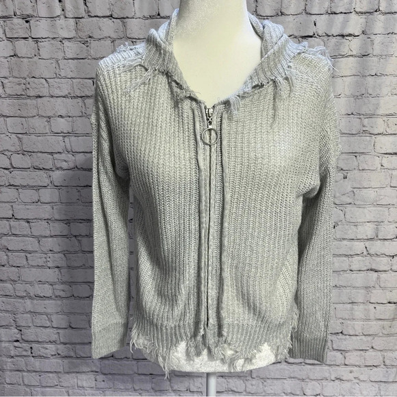 FULL CIRCLE TRENDS Zip-up Distressed Hooded Sweater Gray Juniors Small - Picture 1 of 7
